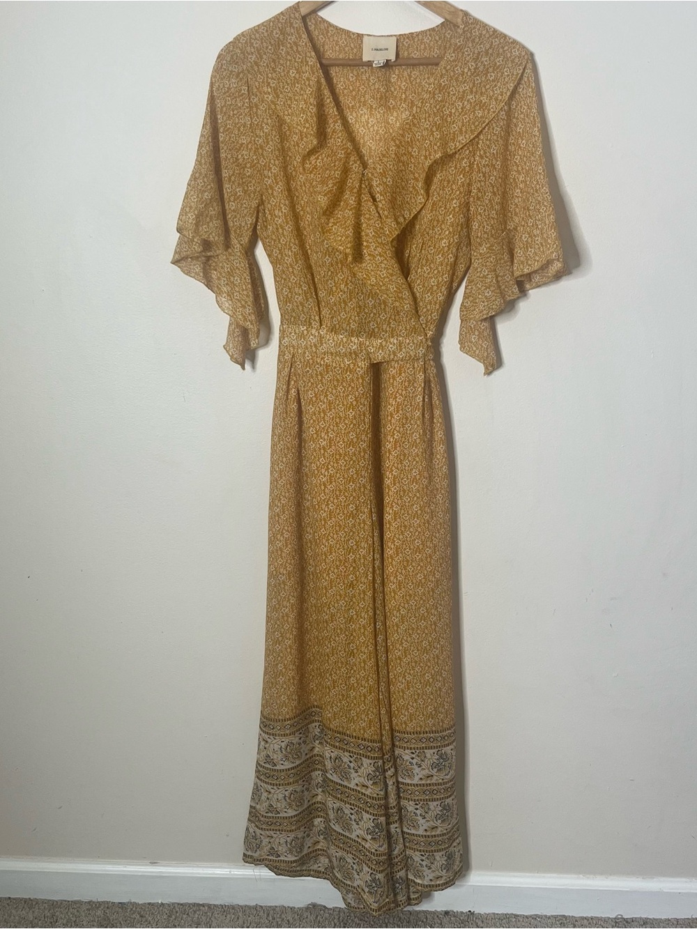 I. Madeline Women’s Canary Yellow Floral Ruffle V~Neck Wide Leg Jumpsuit Sz L